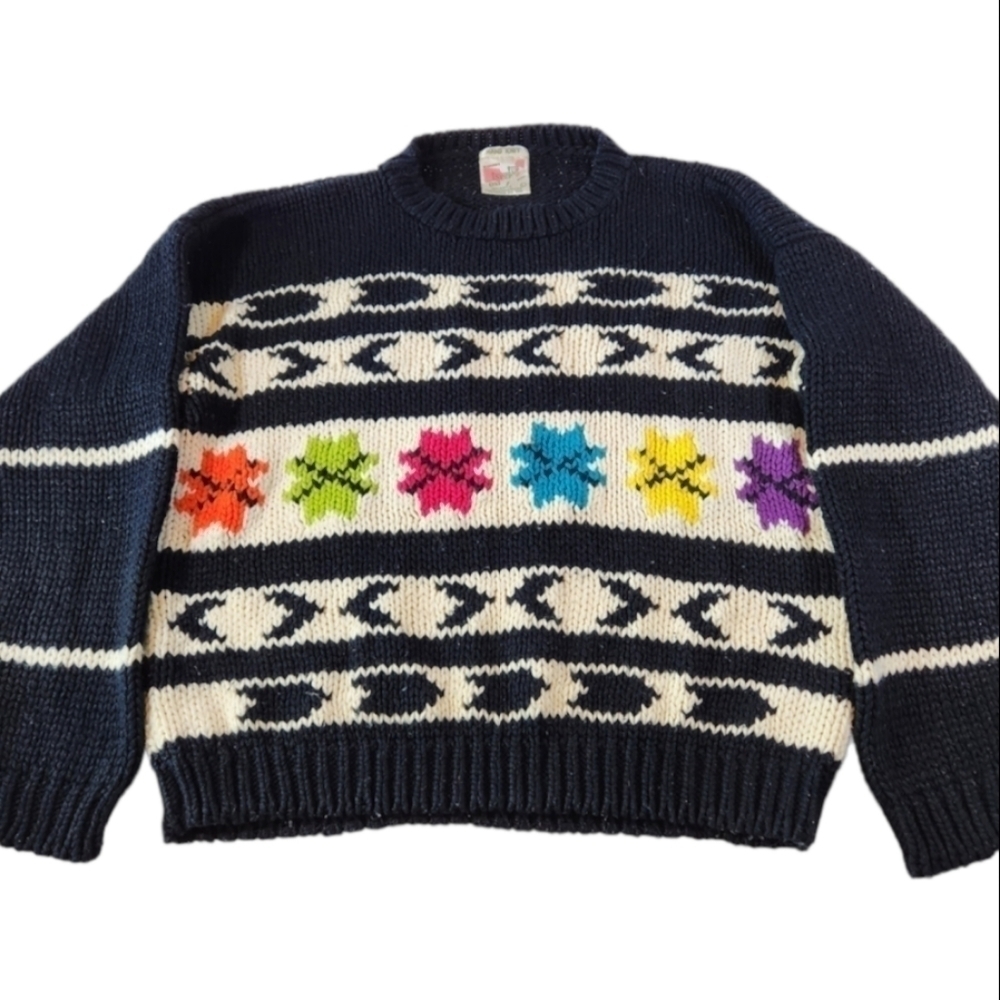 VINTAGE 80s One Step Up Black Retro Print Acrylic Pullover Sweater Women’s Large
